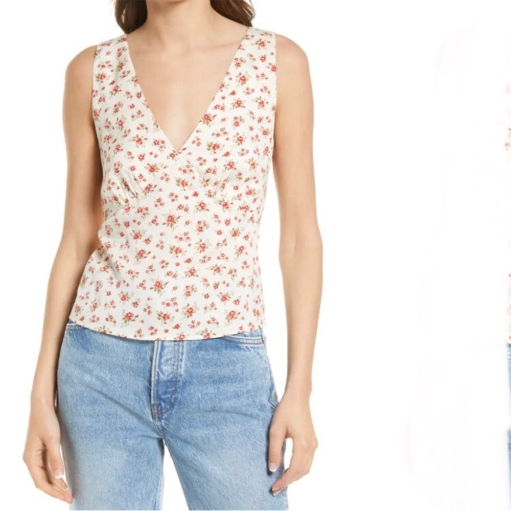 Reformation Floral V-Neck Tank Top - White and Red